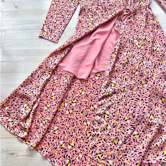 Leith Leopard Print Long‎ Sleeve Satin Midi Wrap Dress | Pink Size Small - Picture 4 of 8